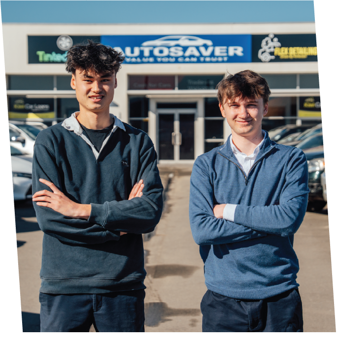 Levi and Sam in front of the Autosaver Cars yard